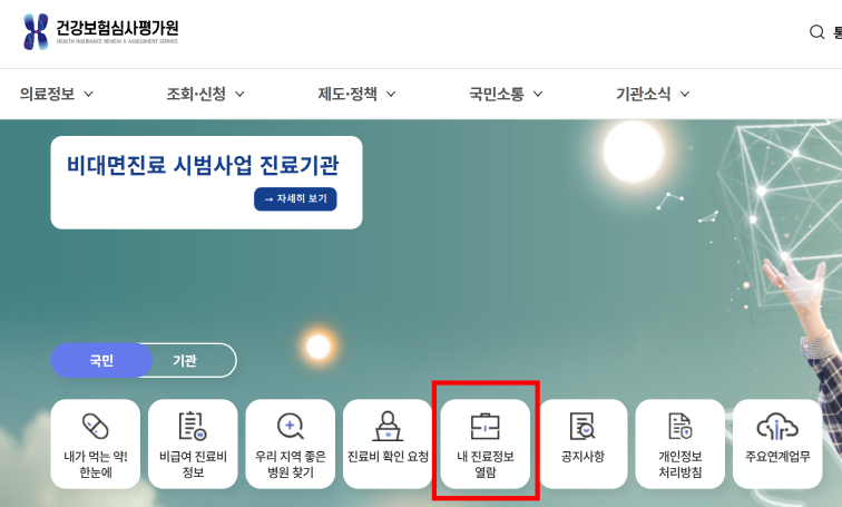 건강보험심사평가원 메인 화면 내 진료정보 열람 메뉴