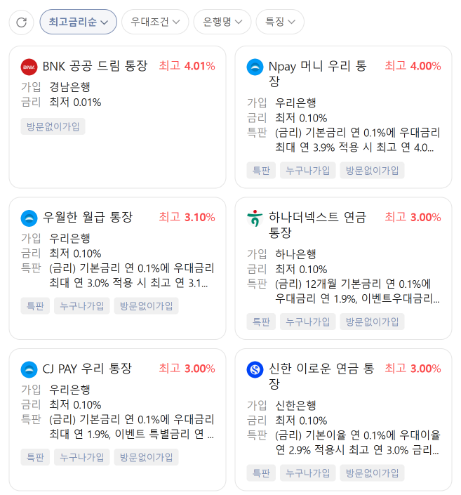 네이버 파킹통장 금리비교 화면 1금융권